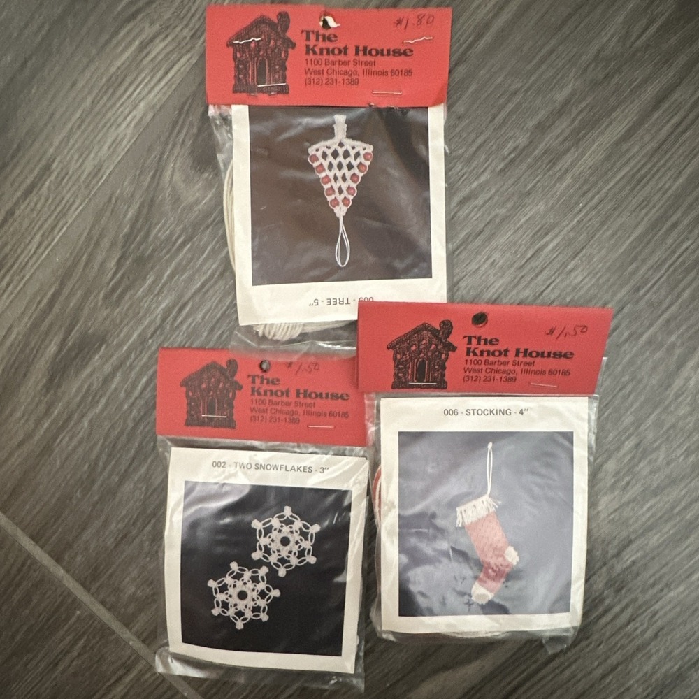 Vintage The Knot House Christmas Macrame Ornament Kit Set 3 Stocking Snowflakes
